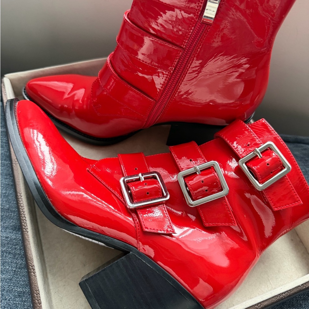 Django & Juliette Marzena Buckled Red Patent Leather Ankle Boots - Picture 15 of 16